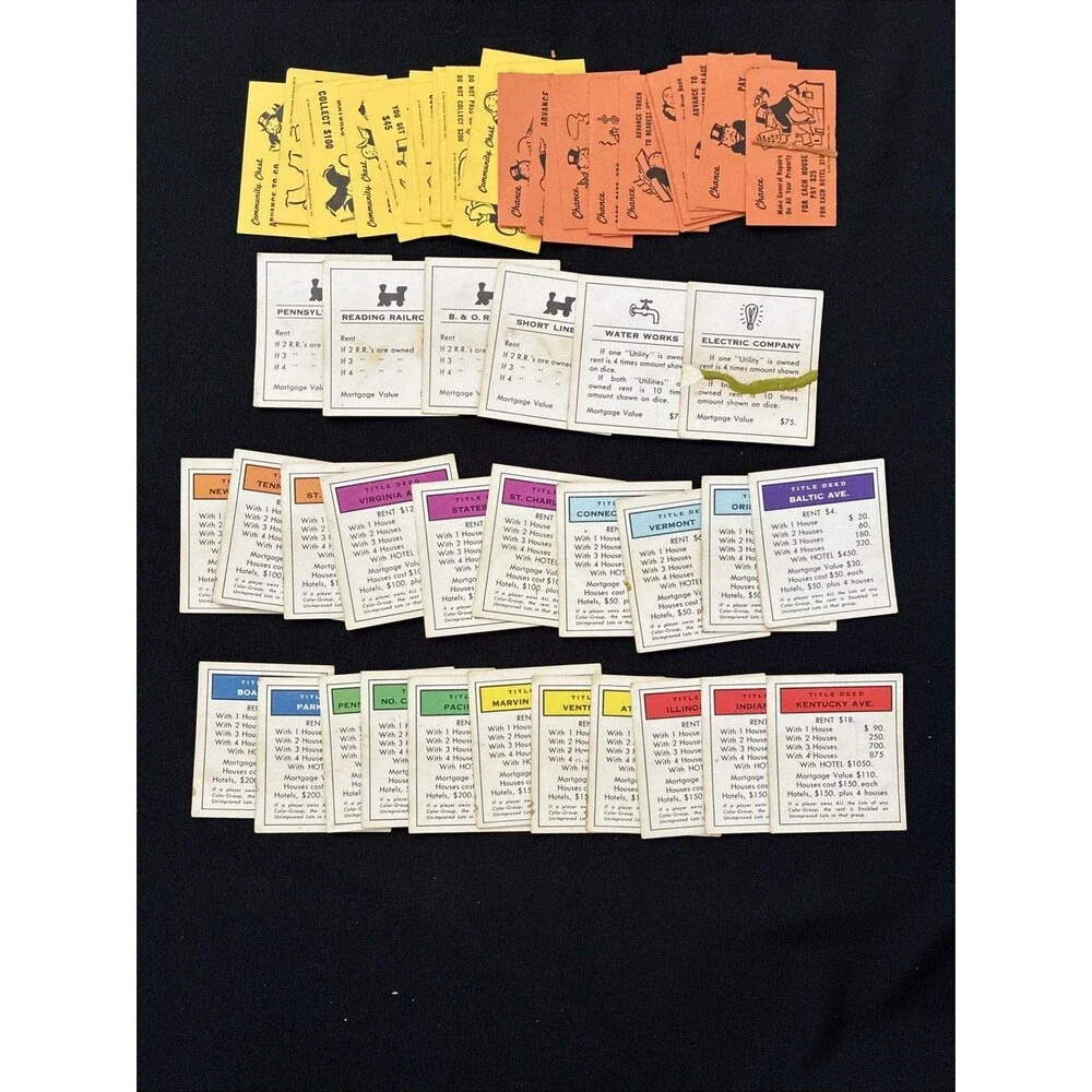 1973 Monopoly Game Property Title Deed Community Chance Cards Replacement Parts
